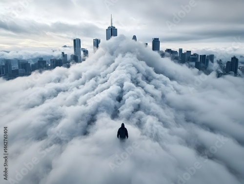 A lone figure stands before a towering cloud formation engulfing a cityscape creating a surreal and atmospheric visual ideal for conceptual art or digital backgrounds.