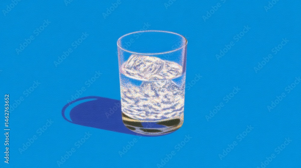 glass of water with one melting ice cube and copy space.