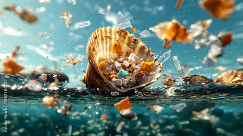 Wallpaper Mural A powerful image of ocean plastic pollution a seashell filled with debris highlights environmental crisis ideal for awareness campaigns and educational materials Torontodigital.ca