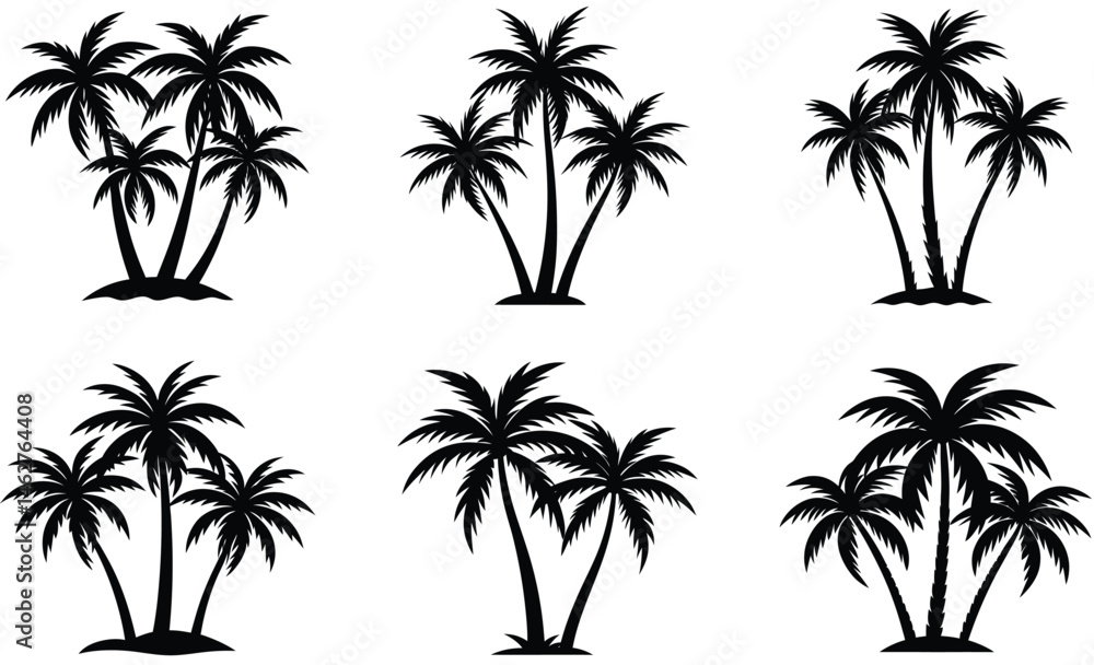 Obraz premium Collection of six black and white silhouette palm tree illustrations for tropical summer themes