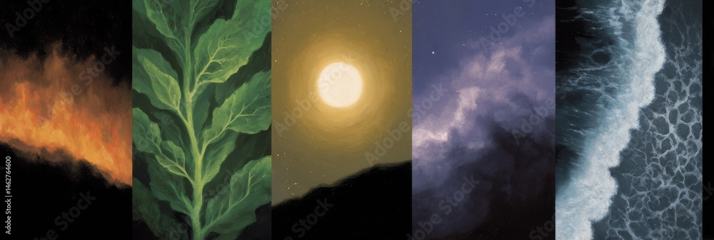 Infographic illustrating the differences between the 5 elements: earth, water, fire, air, and spirit.