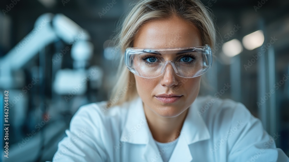 A determined scientist dons safety glasses while intensely focused in a laboratory, representing innovation, research, and the pursuit of knowledge in a cutting-edge scientific environment. A determined scientist dons safety glasses while intensely focused in a laboratory, representing innovation, research, and the pursuit of knowledge in a cutting-edge scientific environment.