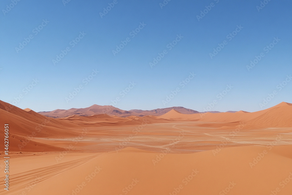 Fototapeta premium Vast desert landscape with golden sand dunes and clear blue sky under bright sunlight