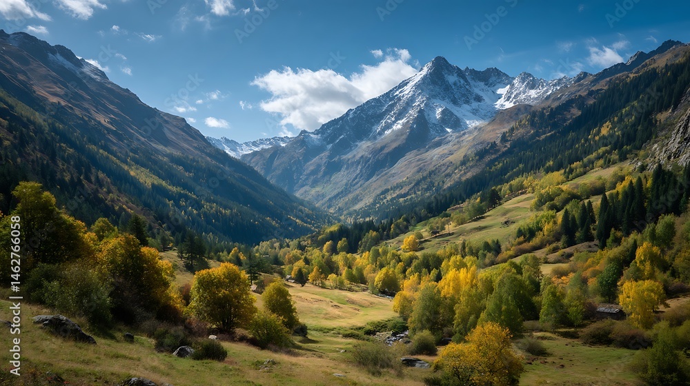 Fototapeta premium Scenic valley with autumn colors and snow peaks