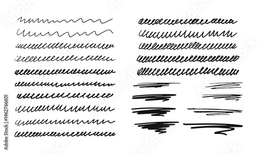 Fifteen hand drawn squiggly lines and eight underlines. Doodles and squiggles. Vector set