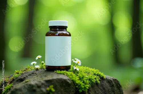 Medicine jar with white label against forest and nature background. Vitamin jar in nature. Natural supplements in jar with plants and flowers. Herbal food supplement.