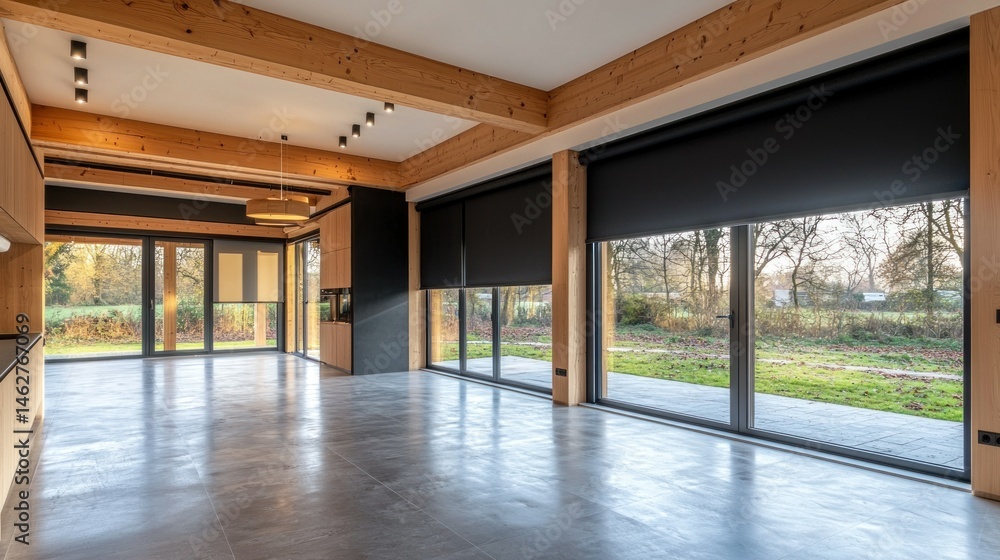 Fototapeta premium Modern, spacious open-plan living area with exposed beams, large windows, and contemporary design