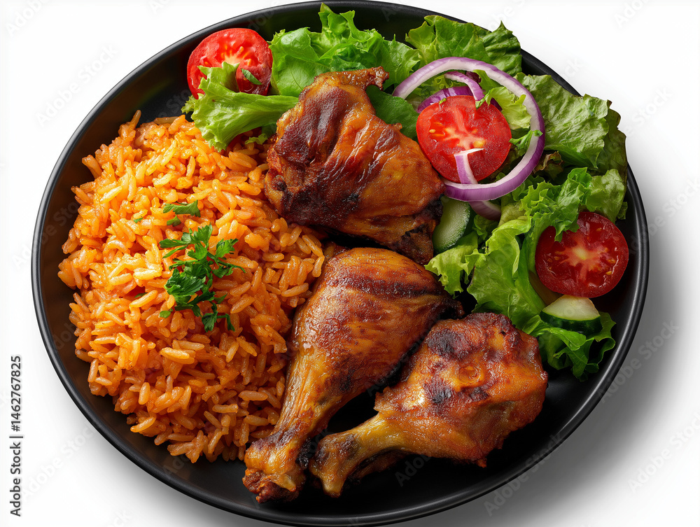 Fototapeta premium A traditional Nigerian jollof rice plate with fried chicken and salad, top view, isolated on transparent background