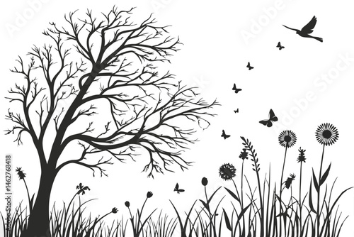 70 Black and white nature silhouettes, tree with bare branches, tall grass, wildflowers, butterflies, dragonflies, flying birds, dandelions, peaceful meadow scene, minimalist design, serene landscape,