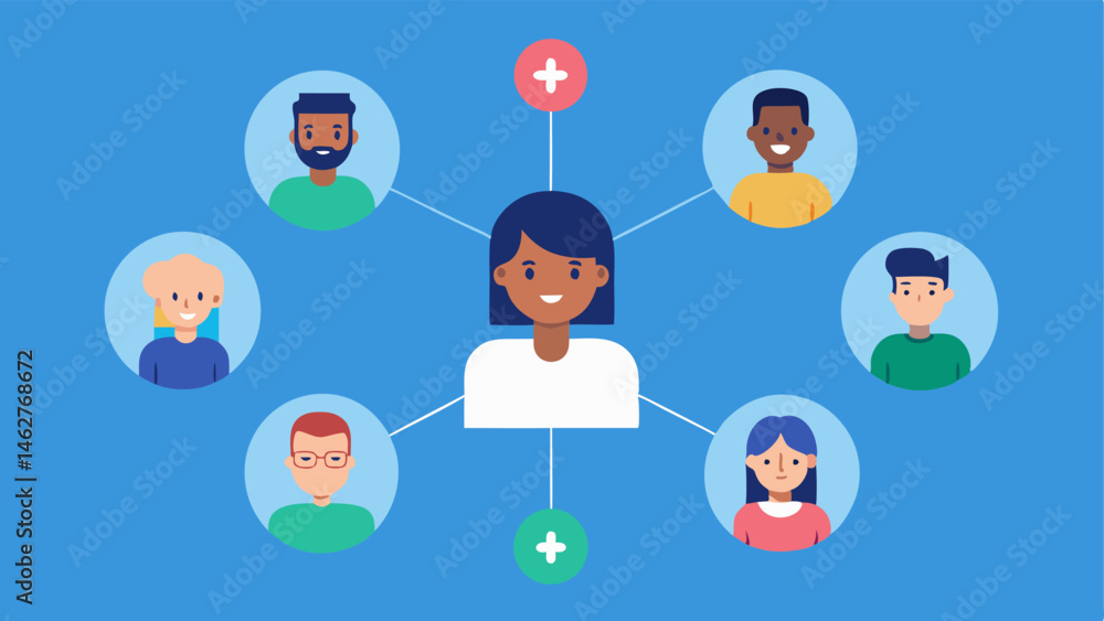 Health Community Connection A group of diverse individuals interacting through a virtual platform highlighting the AIs ability to connect users to health communities and support Health Community Connection A group of diverse individuals interacting through a virtual platform highlighting the AIs ability to connect users to health communities and support