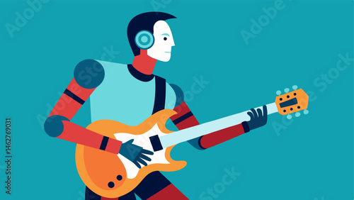 Playing Music A musician holds a guitar using a bionic arm adjusting the strings skillfully while strumming illustrating the fusion of technology and creativity.