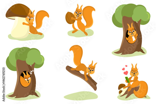 Cute active squirrel characters set. Cartoon happy animal holding nut, sitting in forest tree, communicates on a mobile phone, sleeps in a hollow. Vector flat illustration isolated on white background