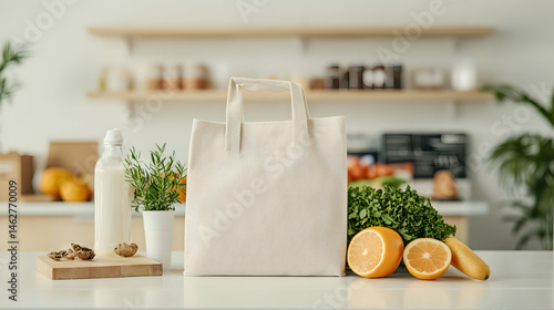 Wallpaper Mural A clean reusable shopping bag surrounded by fresh produce and healthy essentials on a kitchen counter promoting a sustainable lifestyle and mindful grocery choices. Ideal for eco-friendly design. Torontodigital.ca