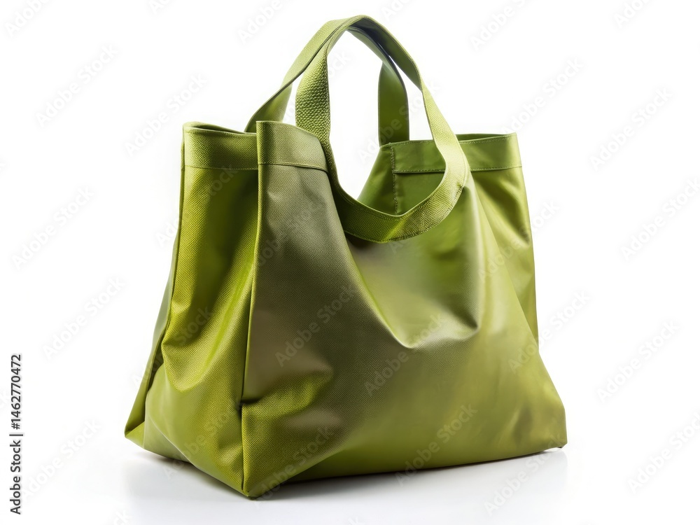 Reusable Olive Green Shopping Bag, Eco-Friendly Grocery Tote, Folded Fabric Bag, Sustainable Shopping, Neatly Folded Bag, White Background Reusable Olive Green Shopping Bag, Eco-Friendly Grocery Tote, Folded Fabric Bag, Sustainable Shopping, Neatly Folded Bag, White Background