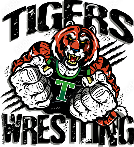  wrestling team design with muscular tiger mascot for school, college or league sports