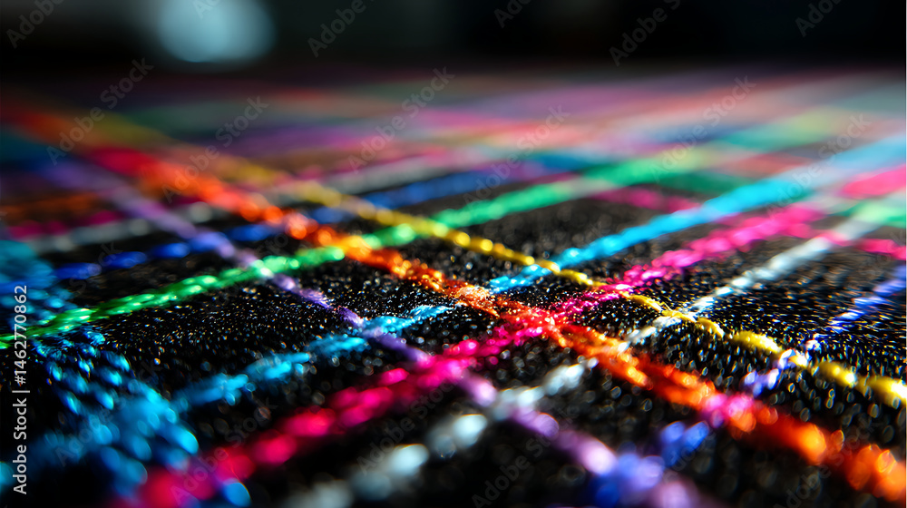 Colorful plaid fabric with shimmering light effect, showcasing vibrant hues of blue, green, pink, and yellow. intricate embroidery adds depth and texture, creating visually striking pattern Colorful plaid fabric with shimmering light effect, showcasing vibrant hues of blue, green, pink, and yellow. intricate embroidery adds depth and texture, creating visually striking pattern