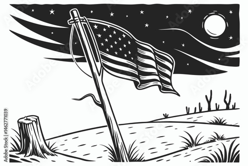 72 Black and white illustration, woodcut style, tattered flag, weathered flagpole, starry night sky, abstract shape, minimalist design, rough texture, wind-blown, symbolic, lonely atmosphere, stark co
