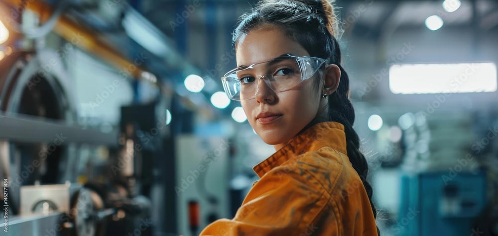 Female engineer wearing safety glasses works confidently in an industrial factory setting. Female engineer wearing safety glasses works confidently in an industrial factory setting.