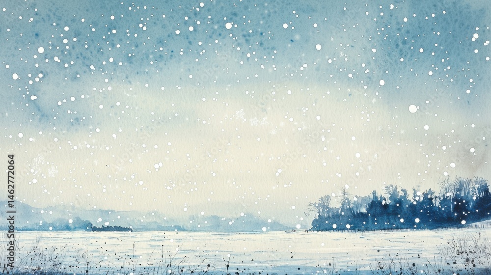 Fototapeta premium Large snowflakes gently fall over a calm winter lake, reflecting soft light from the muted dawn sky, while distant hills create a peaceful backdrop