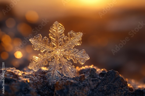 A single, exquisitely detailed snowflake rests on the ground, backlit by a warm sunset.