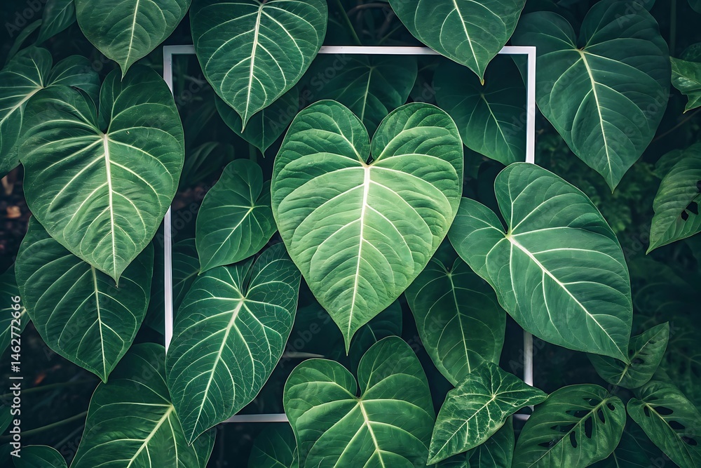 Vibrant Green Philodendron Leaves with a White Frame Natural Background Vibrant Green Philodendron Leaves with a White Frame Natural Background