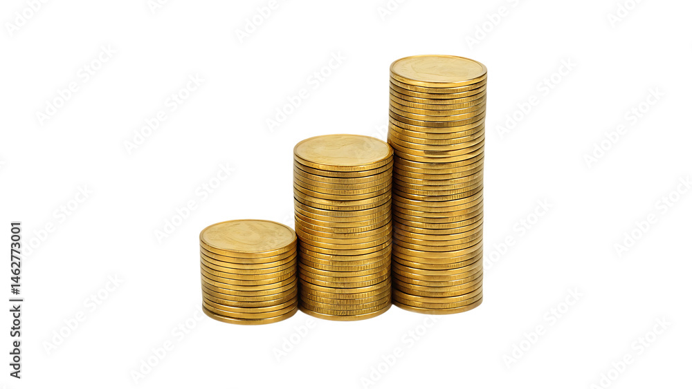 stacks of golden coins money growth concept isolated on white background PNG stacks of golden coins money growth concept isolated on white background PNG