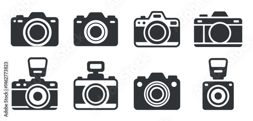 Collection of Eight Modern DSLR Camera Icons with Flash