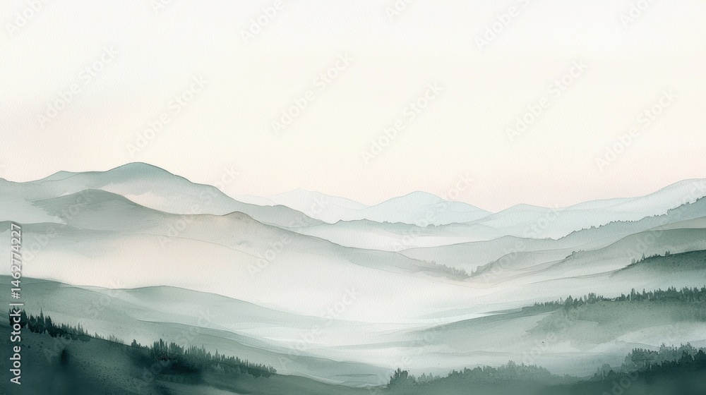 Fototapeta premium A tranquil mountain landscape features soft layers of hills shrouded in mist. The early morning light creates a serene atmosphere, enhancing the calmness of the scene