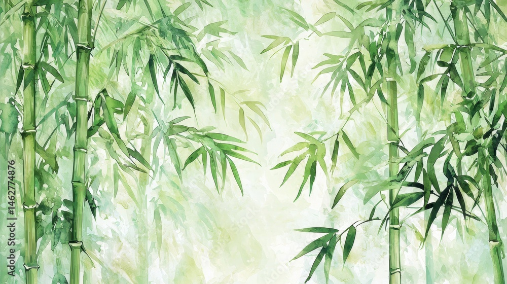 Lush bamboo stalks rise against a soft, light backdrop, creating a serene and peaceful atmosphere. This tranquil setting invites relaxation and reflection Lush bamboo stalks rise against a soft, light backdrop, creating a serene and peaceful atmosphere. This tranquil setting invites relaxation and reflection