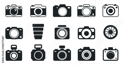 Collection of Black and White Camera Icons Photography Equipment Symbols