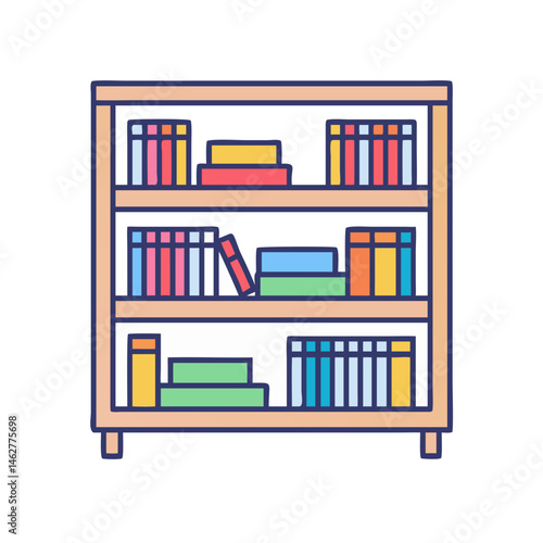 Illustration of a wooden bookshelf with books for home library interior and organizing storage