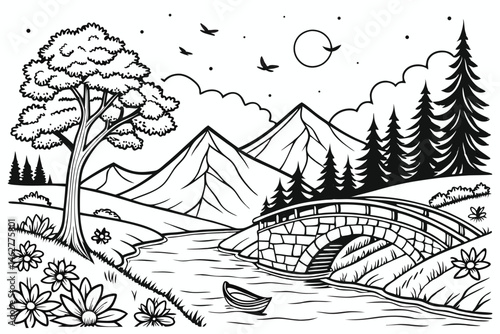 75 Intricate black and white illustration, serene landscape, mountain valley, flowing river, stone bridge, small boat, lush forest, pine trees, wildflowers, blooming tree, starry night sky, flying bir