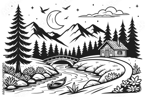 75 Intricate black and white illustration, serene landscape, mountain valley, flowing river, stone bridge, small boat, lush forest, pine trees, wildflowers, blooming tree, starry night sky, flying bir