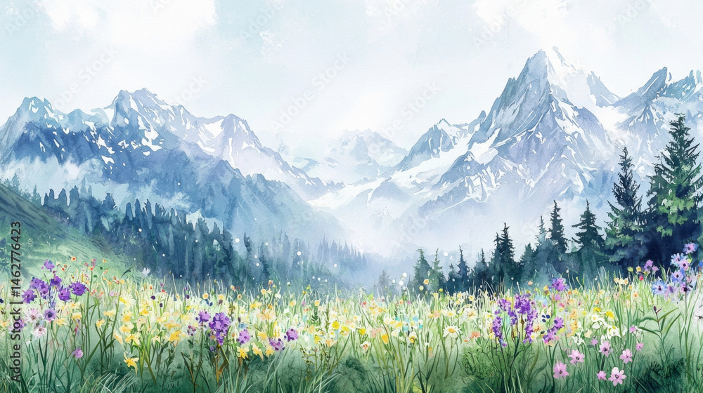Fototapeta premium A vibrant valley filled with diverse wildflowers leads the eye to towering mountains under a clear sky, creating a serene natural landscape