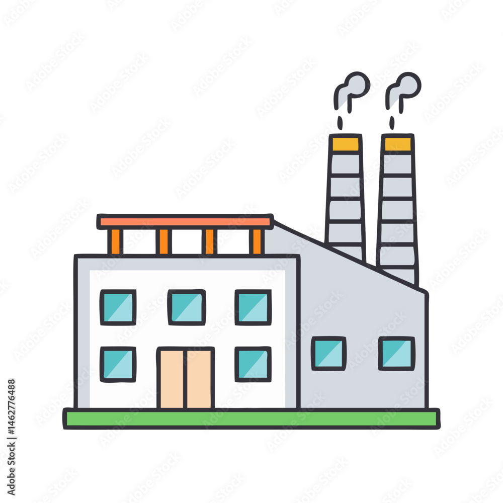 Fototapeta premium Illustration of factory building industrial plant with smoke stacks manufacturing facility vector