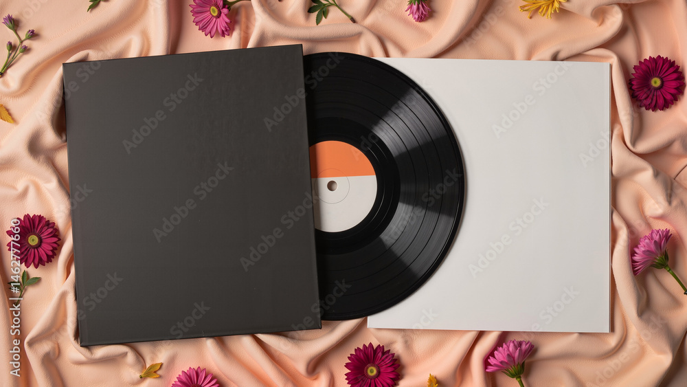 Obraz premium Vinyl Record Surrounded by Flowers on Soft Fabric Background 