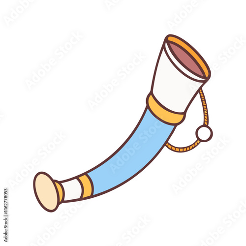 Illustration of a blue and white hunting horn bugle instrument with gold trim and hanging rope design