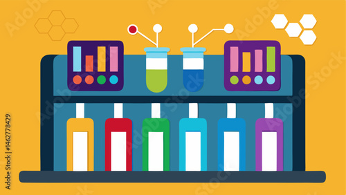 Hormone Test Tube Rack A closeup of a rack filled with colorful test tubes each labeled with different hormones like estrogen testosterone cortisol and connected to digital reading