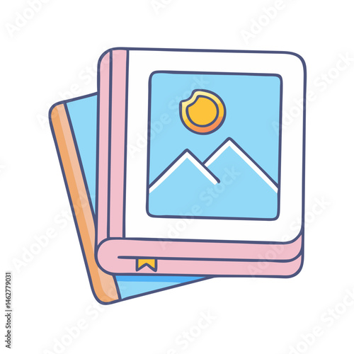 Stack of photo albums with landscape and sun illustration for memory keeping and scrapbooking