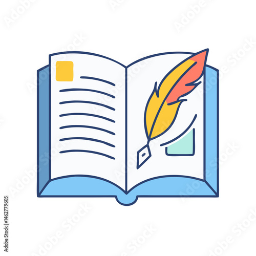 Open book with feather quill pen illustration for writing and education concept design vector