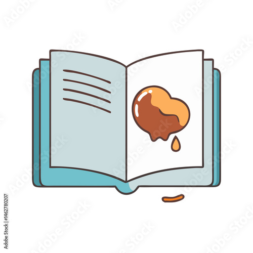 Open book illustration with stain, recipe book, cooking book, stained page, spilled liquid, art