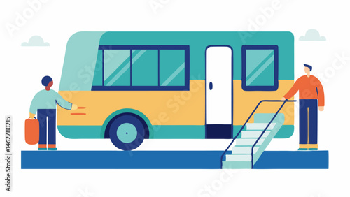 Rampequipped Bus A side view of a city bus with a foldable ramp extending to the ground while a person in a wheelchair is entering the bus with assistance from a friendly driver.