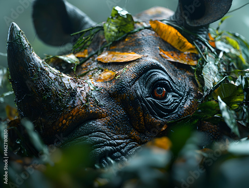Wallpaper Mural A close-up of a rhinoceros emerging from lush wet foliage showcasing its textured skin and intense eye perfect for wildlife advocacy environmental awareness and immersive nature experiences Torontodigital.ca