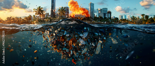 Wallpaper Mural A modern city with an explosion above the waterline sits atop a foundation of massive plastic pollution underwater a stark visual message about environmental impact Torontodigital.ca