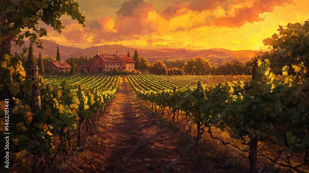 Naklejka premium Vineyards stretch into the horizon as the sun sets, casting warm light on a charming farmhouse nestled among the hills. The sky is painted with vibrant colors