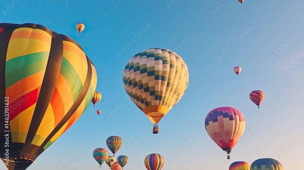 Obraz premium Colorful hot air balloons in the sky during a summer festival, clear weather, joyful tone 