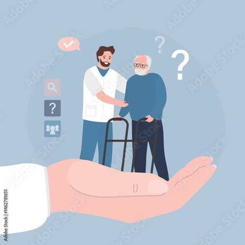 Doctor or nurse takes care of an elderly man. Nurse hand holding patient in empathy, trust and support of help. Young caregiver man helping senior man walking
