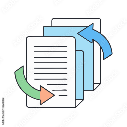 Document workflow automation process with arrows for file transfer and data exchange solution