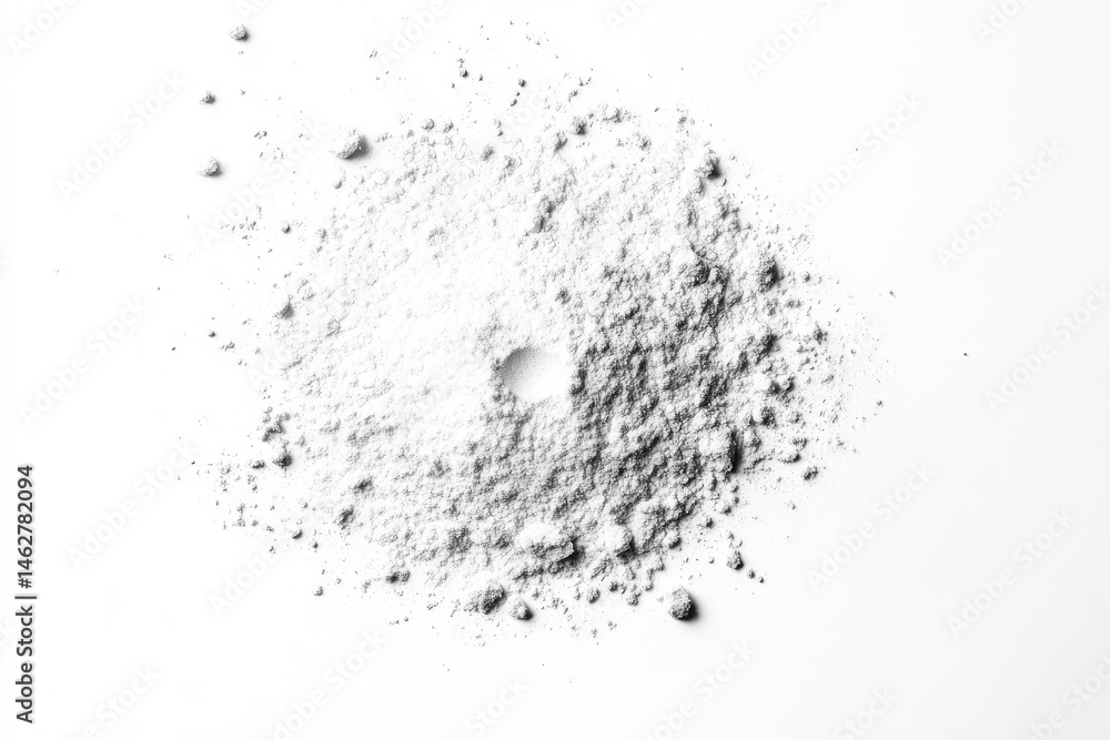 Light gray powder scattered in a circular pattern on a white background, with a small hole in the center Light gray powder scattered in a circular pattern on a white background, with a small hole in the center