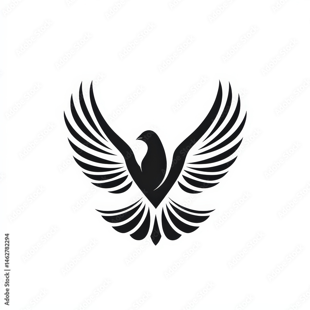 Fototapeta premium A black stylized bird with outstretched wings forms a symmetrical, modern logo on a white background.
